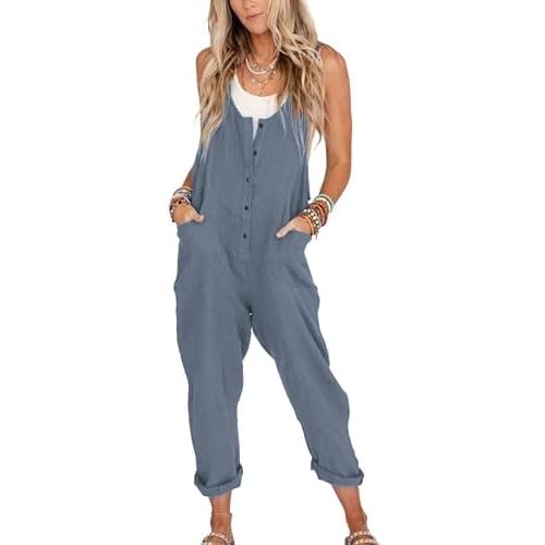 Yeokou Womens Overalls Linen Cotton Jumpsuits Loose Casual Jumpers with Pockets