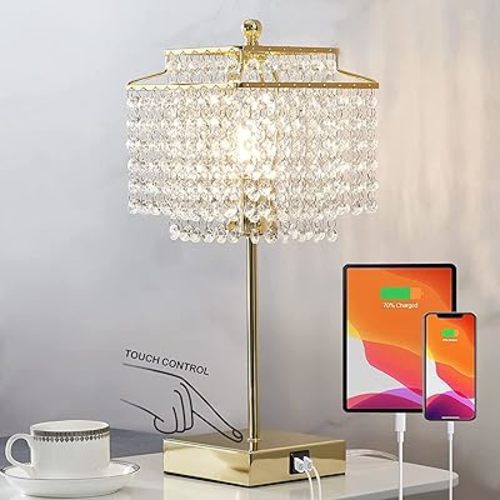 Luvkczc Crystal Touch Table Lamp, Bedside Lamps with with USB C+A Ports, Gold Bedroom Lamp, 3 Way Dimmable Lamp with Crystal Shade, Nightstand Lamps for Bedroom, Living Room, Bulb Included