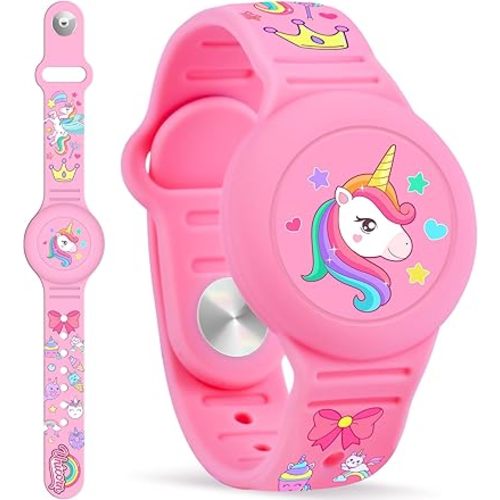 Waterproof Airtag Bracelet for Kids, Unicorn Silicone Air Tag Holder Hidden Design, Light Weight Compatible with Apple AirTag Wristband for Child, Pink