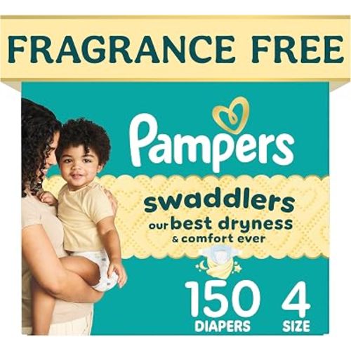 Pampers Swaddlers Diapers, Size 4 (15-34 lbs), 150 Count, Hypoallergenic, Absorbent, Keeps Baby Dry and Comfortable, Skin Safe Disposable Baby Diaper