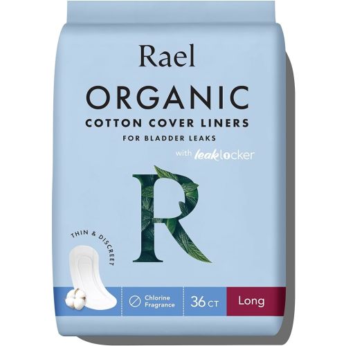 Rael Incontinence Liners for Women, Organic Cotton Cover, Postpartum Essential, Moderate Absorbency, Bladder Control, 4-Layer Core with Leak Guard Technology (Long, 36 Count)