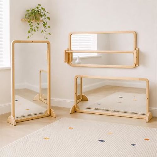 Woodtoe 4-in-1 Montessori Mirror with Bar, Adjustable Tummy Time Floor Mirror, Baby Pull to Stand Toy, Natural Unpainted Solid Wood Frame, Baby Pull Up Bar, Developmental Toys for Nursery (Large Size)