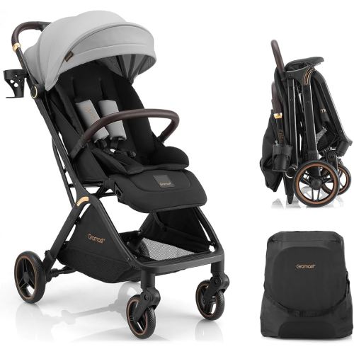 Gravity Folding Baby Stroller - Portable Travel Toddler Stroller w/Adjustable Backrest, Canopy & Cup Holder, Lightweight and UV Protected, One-Hand Automatic Folding - Light Gray