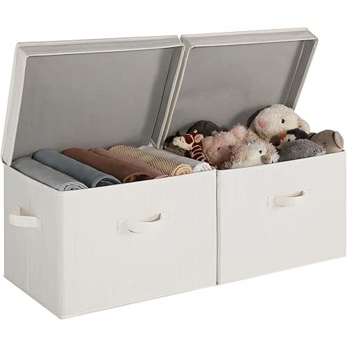 StorageWorks Closet Storage Bin with Lids, Decorative Storage Boxes with Handles, Fabric Storage Bins for Clothes, Jumbo, Mixing of Beige, White & Ivory, 2-Pack
