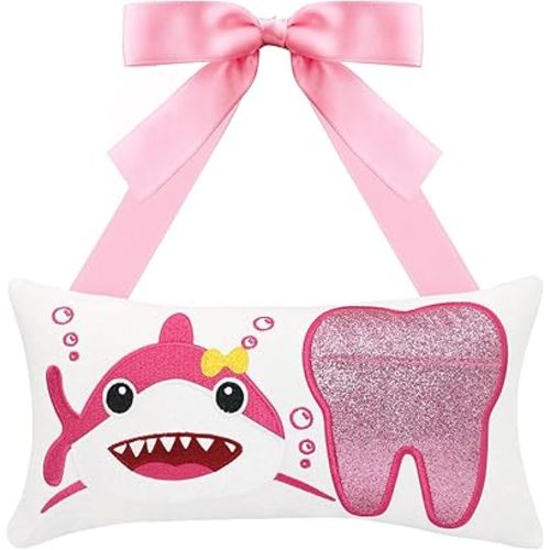 Tooth Fairy Pillow with Pocket for Girls and Boys Kids Tooth Pillow Toothfairy Gifts Tooth Keepsake Pouch 8.6 x 4.8 inches (Pink)