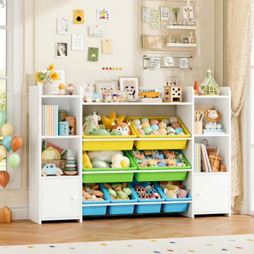 Homfa Kids Bookcase with 9 Colorful Bins and 2 Doors, White Toy Storage Organizer, 37.12 inches tall