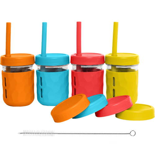 WeeSprout Glass Cups with Lids & Straws, Spill-resistant Cups for Toddlers & Kids - 8/12oz, Set of 4
