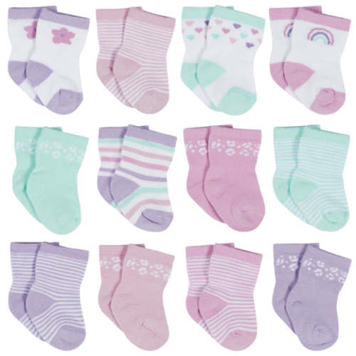 12-Pack Baby &amp; Toddler Girls Rainbow Floral Jersey Crew Wiggle Proof® Socks