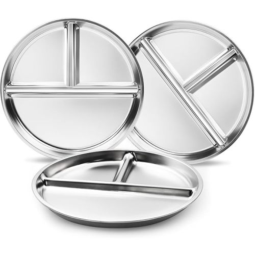 Stainless Steel Kids Plates 2 Packs, 9" Toddlers Divided Plates, Portion Control Plate for Bariatric Adults, Non Toxic Unbreakable Baby Dinner Dishes, 304 Metal Camping Food Tray
