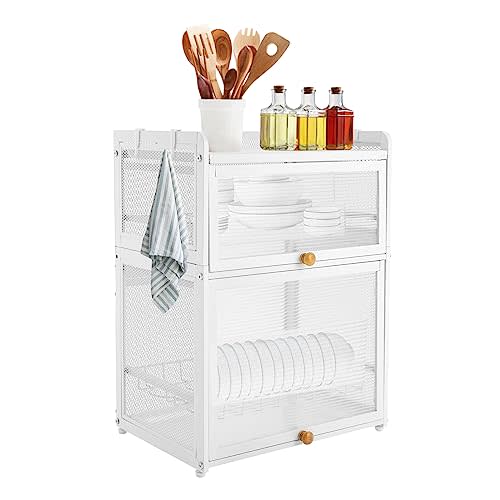 Ageanbri 3 Tier Dish Drying Rack Modern Houseware Dish Organizer Cutlery Drainer with Lid Cover Detachable Drip Tray Storage Box Basket for Kitchen Organizing Storage Holder