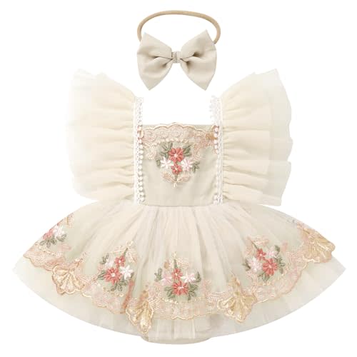 ODASDO Baby Girls First Birthday Party Dress Newborn Tulle Tutu Romper Floral Embroidery Bodysuit Cake Smash Outfit