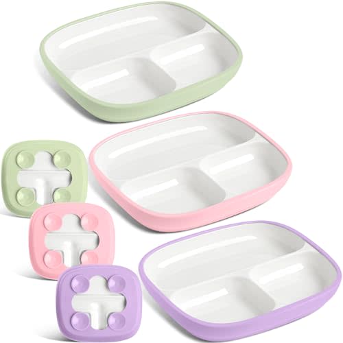 Domensi 3 Sets Kids Porcelain Plates with Silicone Sleeves 8.2 Inch Divided Porcelain Plate Toddler White Suction Dishes for Baby Troubleless Eating Microwave Dishwasher Safe (Classic)