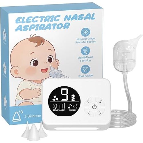 Nasal Aspirator for Baby, Nose Sucker with 9 Suction Levels, Electric Snot Sucker, 3 Levels Night Light & Nursery Rhyme Soothing Function, Food-Grade Silicone Tips
