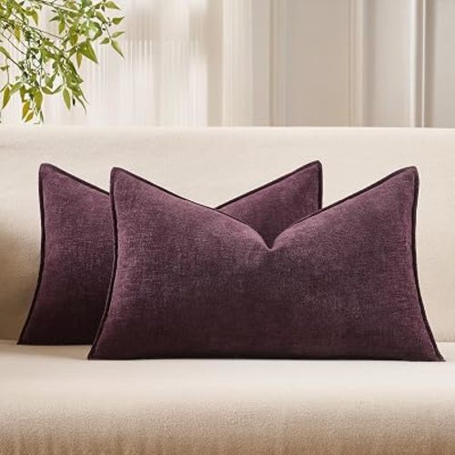 JUSPURBET 12x20 Chenille Lumbar Throw Pillow Covers Set of 2,Eggplant