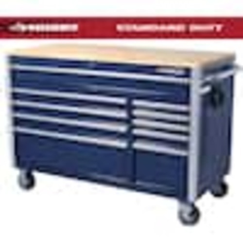 Husky 52 in. W x 25 in. D 10-Drawer Mobile Workbench Tool Chest with Solid Wood Work Top in Gloss Blue H52MWC10BLU