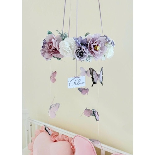 Personalized Floral Baby Mobile with Name – Vintage Boho Nursery Decor, Butterfly Baby Shower Gift