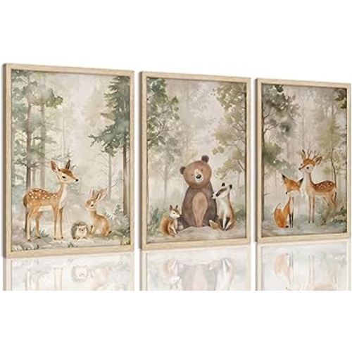 LHHJDIO 3 Piece OAK Wood Framed Wall Art Woodland Wall Decor Animals Canvas Art Deer Hedgehog Fox Bear Pictures Forest Paintings Wildlife Artwork Vintage Prints For For Nursery Children Kids Boys Room