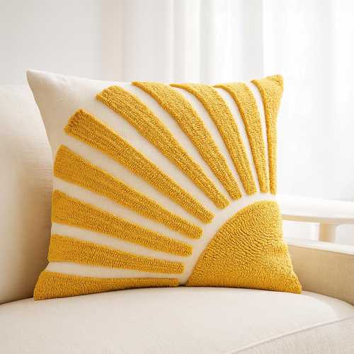 Mustard Sunburst Tufted Throw Pillow, Loop-Embroidered Sun Ray Boho Accent Cushion