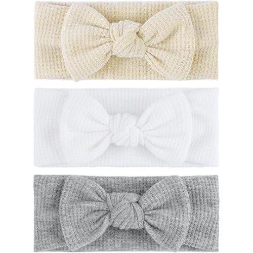 4" Baby Girls Hairband with Bows - 3Pcs Gray White Beige (Handmade Soft Headwraps Baby Hair Accessories for Infant Toddler)