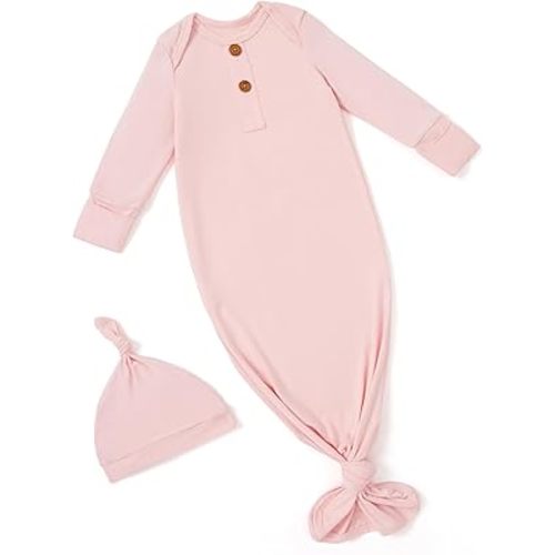 PATPAT Baby Sleeper Gown with Bamboo Viscose for Newborn Girls Boys, Knotted Nightgown with Mittens for Infant Home Coming