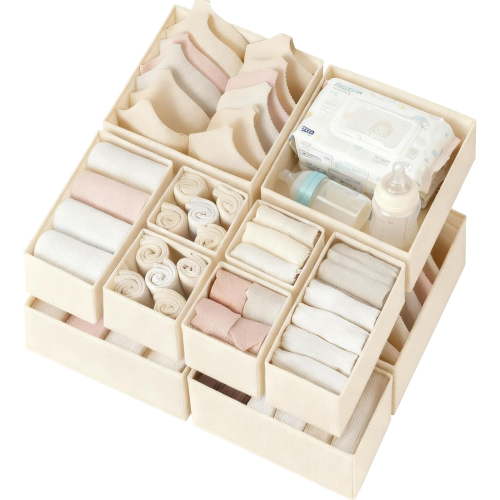 Drawer Organizer Clothes 12 Pack, Dresser Organizer for Nursery Bedroom Closet Organization and Storage - Baby Clothes Organizer Bins - Drawer Divider for Sock Underwear Bra Ties (Beige)