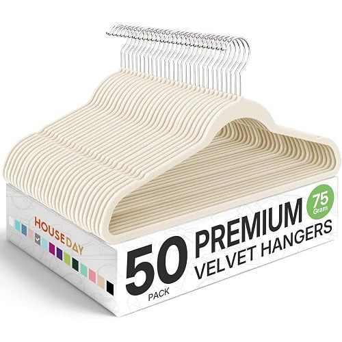 HOUSE DAY Premium Velvet Hangers 50 Pack Ivory, Non-Slip Flocked Felt Hangers, Sturdy Clothes Hanger with 360° Rotatable Hook, Heavy Duty Durable Slim Coat Hanger for Closet Space Saving