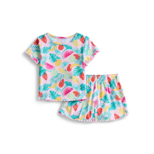 Wonder Nation Toddler Girl's Ribbed Print Tee and Shorts, 2-Piece Pajama Set, Sizes 12M-5T
