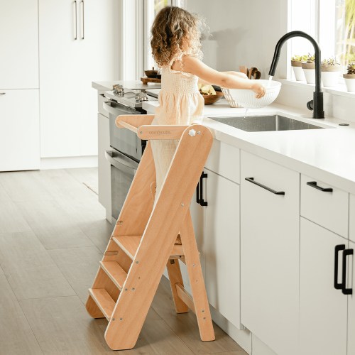Comfy Cubs Kids Step Stool for Ages 3+, Adjustable Toddler Tower for Sink Access - Natural Wood