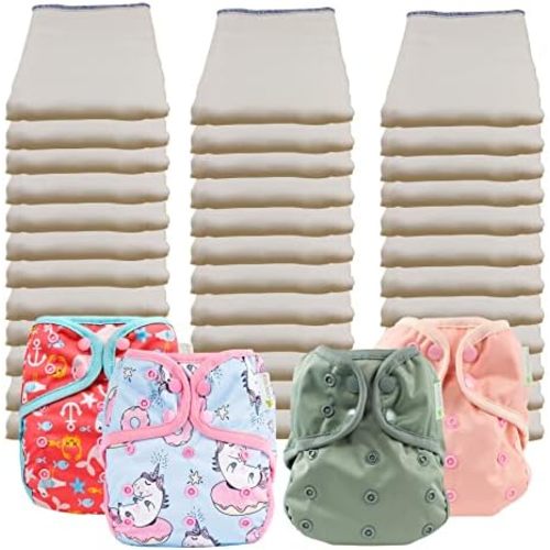 OsoCozy Economy Prefold Cloth Diaper Package - 3 Dozen Unbleached 100% Cotton Prefold Diapers & 4 One-Size Diaper Covers