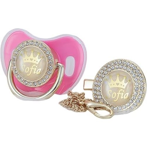 Personalized Name Bling Rose Gold Pacifier and Clip Set Ideal Gift for Baby Shower New Born Photoshoot & Keepsake (Pink)