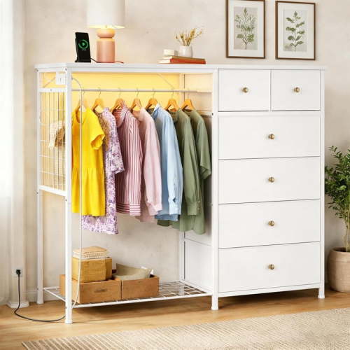 Simenmax 6-Drawer Storage Closet with LED Lights & Charging Station, 49.2" Wide Wooden Wardrobe Rack with Fabric Bins,Portable Clothing Organizer for Bedroom, Entryway, White