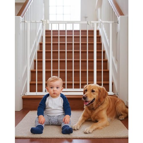 Baby Gate for Stairs,28.5"-40" Adjustable Width, 36" Height, Dog Gate for Doorways with Pressure & Wall Mount Kits, Baby Safety Gate for Stairs, Doorways, and Indoor Use (White)