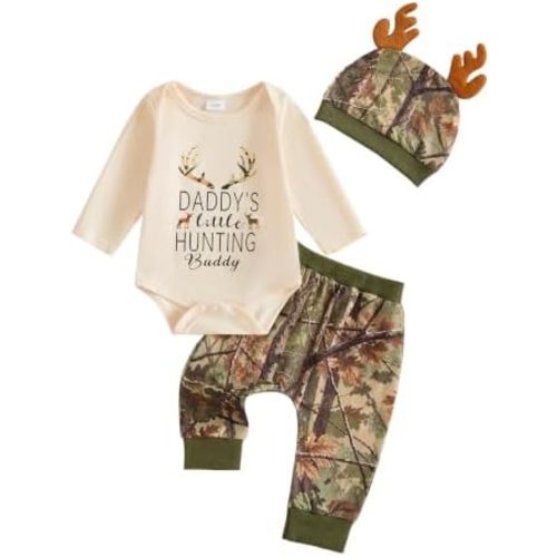 Fall Baby Boy Clothes Hunting Outfit Long Sleeve Romper Pants Hat Set