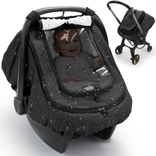 TinlyFinly Waterproof Car Seat Cover for Baby, 2-Layer Car Seat Rain Cover with Clear Window & Sunshade & Mesh Cover, Universal Infant Carseat Canopy for Stroller, Protect from Rain and Snow - Black