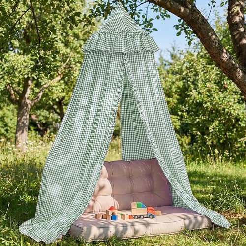 SmoothNovelty Gingham Plaid Bed Canopy with Ruffles Soft Vintage Style Decorative Tent for Reading Nook Play Area or Adult Bedroom Circus Tent Canopy(Green)
