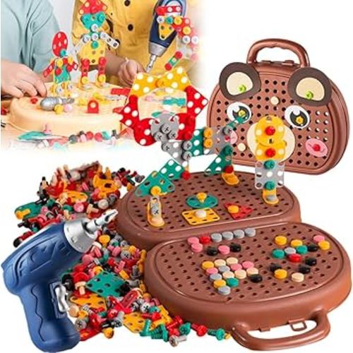 Magic Montessori Play Toolbox with Electric Drill,Creativity Tool Box with Drill Kids,Magic Montessori Tool Box,Creative Magic Play Toolbox Bear Puzzle Toy (Brown with Electric Drill)