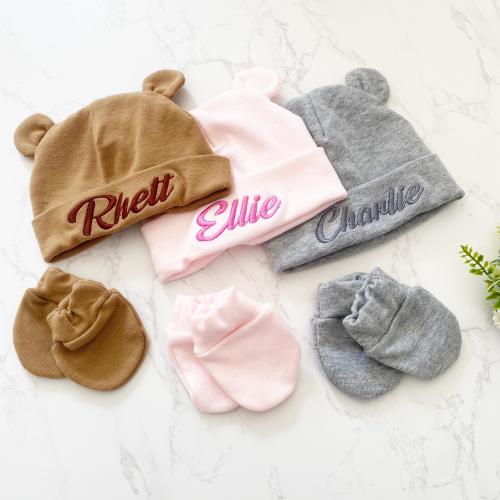2025 Personalized Bear newborn Coming Home Beanie gloves set, white  Embroidered unisex baby hat, Custom Baby Shower Gift, baby announcement