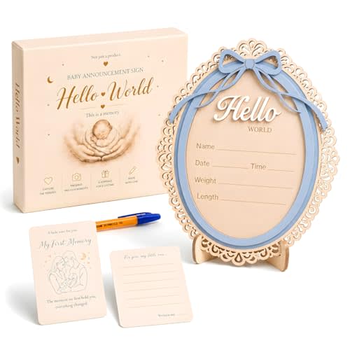 Baby Announcement Sign – Hello World Newborn Sign in 3D Wood with Soft Blue Bow Accent & Delicate Vintage Frame Lace Details for Hospital Photos, Nursery Décor & Baby’s First Precious Moments