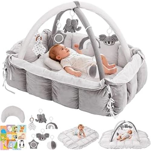 5-in-1 Baby Play Gym and Tummy Time Mat, Tummy Time Pillow & 12 Learning Cards, Plush Activity Mat with 6 Toys, Baby Gym, Convertible to Ball Pit, Baby Gift, Grey