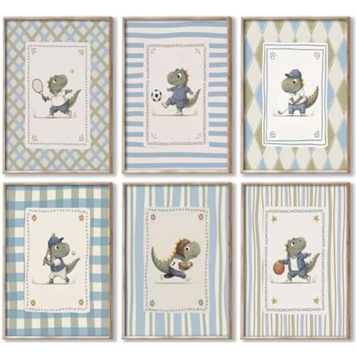 6Pcs Dinosaur Nursery Wall Art Vintage Sports Nursery Canvas Wall Decor Cute Cartoon Dino Painting Picture Watercolor Dino Poster Pints Artwork for Kids' Room Playroom Boy Room 12x16Inch Unframed