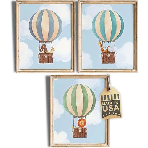 Hot Air Balloon Art Prints (Set of 3) - Unframed - 8x10s | Nursery Wall Decor | Elevate Your Nursery Decor with this Charming Wall Decor | Modern Wall Decor for Your Little One's Room