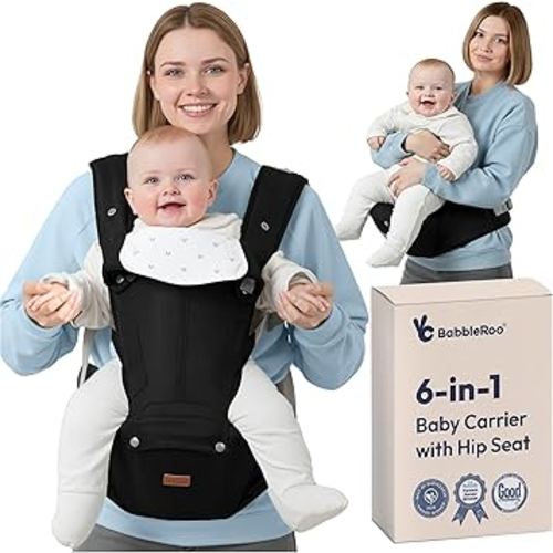 BabbleRoo Grow Carrier – Safety-Certified 6-in-1 Baby Carrier with Hip Seat, Ergonomic & Adjustable Toddler Carrier 7-50 lbs with Hip Support, Hood for Sun Protection, Newborn to Toddler, Black