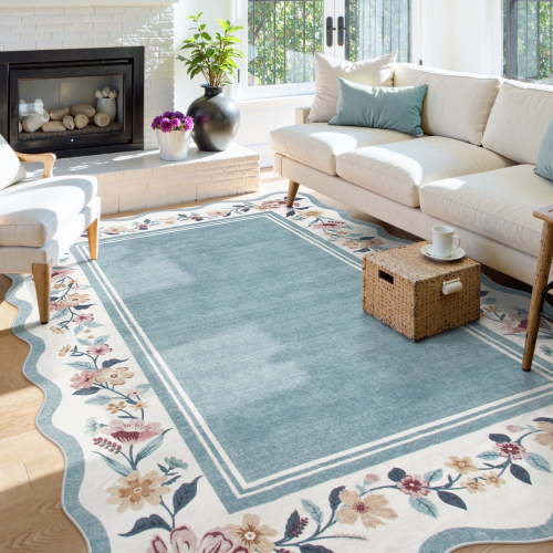 Lahome 5'x7' Floral Scalloped Area Rug for Living Room - 5x7 Ultra-Thin Soft Washable Non-Slip Bedroom Stain Resistant Lightweight Boho Low-Pile Throw for Dining Room Office (5x7ft,Blue)