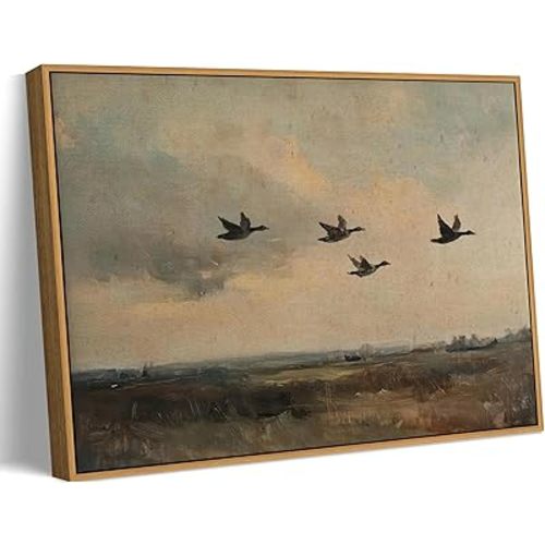 RAHUAO Frame Vintage Flying Duck Wall Art Rustic Countryside Landscape Painting Artwork Vintage Mallard Duck Wall Decor Picture Wildlife Print for Living Room Bedroom Office Rustic Decoration 16x24in