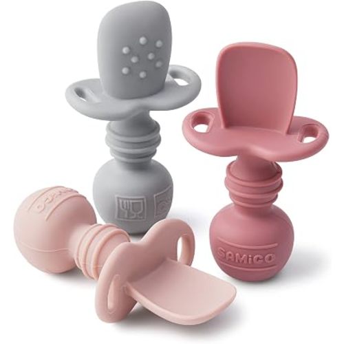 SAMiGO Silicone Baby Spoons Self Feeding 6 Months, Infant Eating Utensils