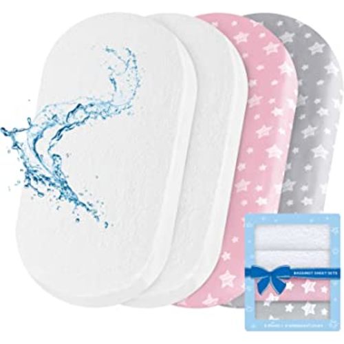 Bassinet Sheets & Waterproof Bassinet Mattress Pad Protector 4 Pack Set, Universal Fit for Oval, Hourglass and Rectangular Mattress, Grey & Pink