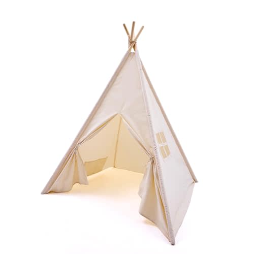 WATEVLOTCS Kids Play Teepee Tent with Carry Bag 43 x 43 x 63 Inch, Natural Cotton Canvas + Pine Wood Frame
