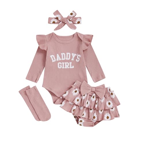 Awwpiely Aunties Bestie Baby Clothes Daddys Girl Newborn Short Sleeve Romper Daisy Skirt Shorts 3Pcs Set Infant Spring Outfit