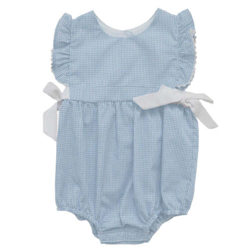 Girl's Carolina Blue Gingham Onesie with White Bows & Ruffle Sleeves