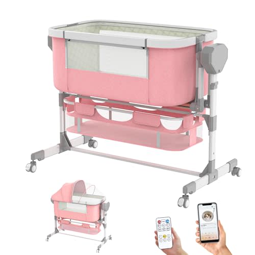 Pionevox Rocking Bassinet for Baby, Electric Bassinet Automatic 5 Rocking Motion Bassinet Bedside Sleeper for Newborn, Auto Rolling Baby Cradle 6 Height Adjustable with 4 Lullabies, Wheels, Storage